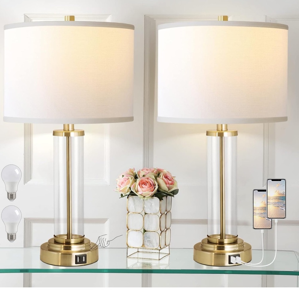 NIB Set of 2 3 Way Dimmable Lamp w/ Dual USB Ports, Lampshades & LED Bulbs